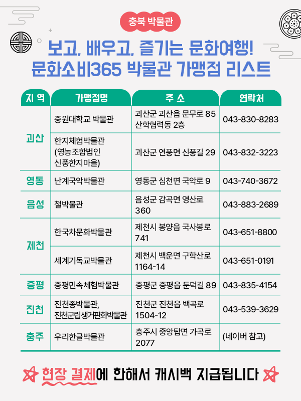 충북 박물관 가맹점